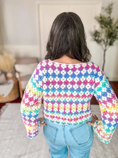 Back view of the rainbow Rainbow Hues Crochet Cardigan