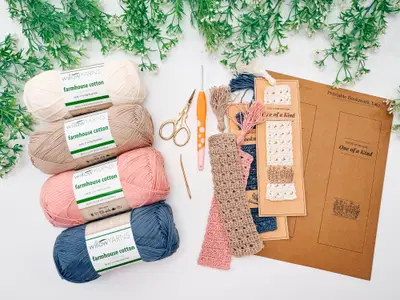 Reed Crochet Bookmark supplies with yarn skeins and printed cards