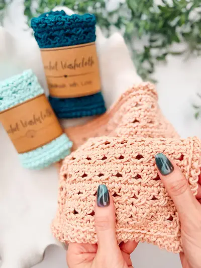 Reed Washcloths in teal, aqua and peach with printed wraps