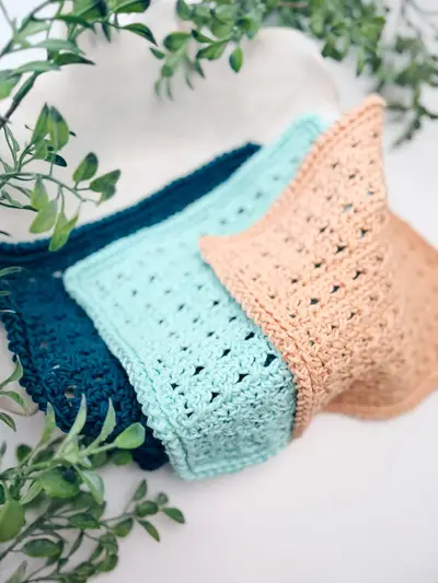 Reed Washcloths in teal, aqua and peach with greenery