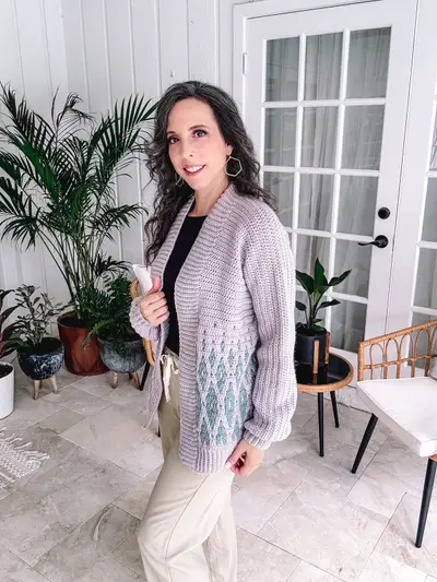 Lavender Seabird Mosaic Cardi worn with cream pants