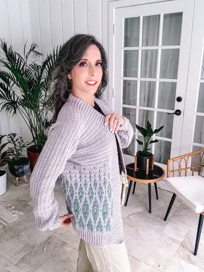 Side view of the Seabird Mosaic Cardi in lavender and teal
