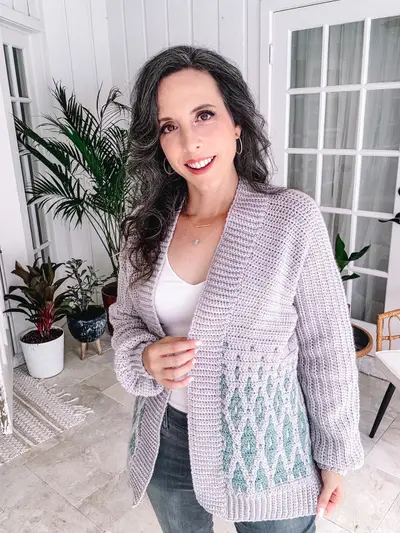 Lavender Seabird Mosaic Cardi worn open over a white top