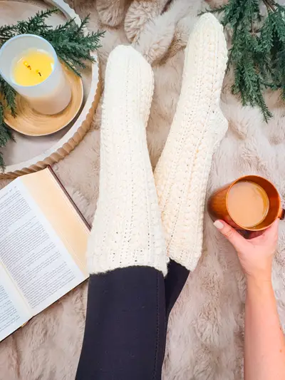 Cream Snowdrift Wheat Slipper Socks with a book and a cup of tea