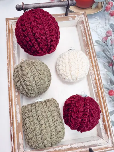 Tray of Snowy Wheat Ornaments in burgundy, sage, cream and olive