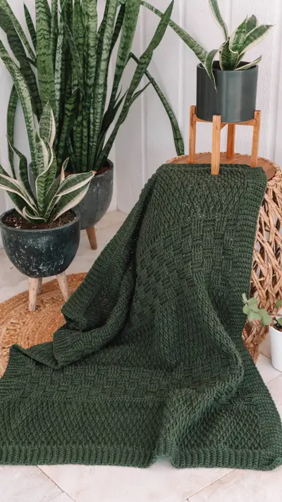 Green Totally Textured Crochet Blanket draped beside a snake plant