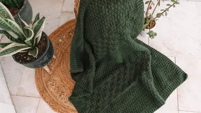 Green Totally Textured Crochet Blanket on a round rug with a plant