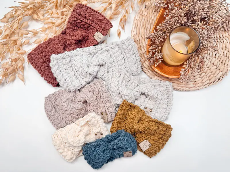 Twisted Wheat Ear Warmers in rust, gray, cream, mustard, oatmeal and navy