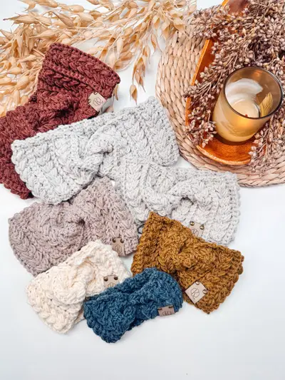 Twisted Wheat Ear Warmers in rust, gray, mustard, cream and navy with wheat