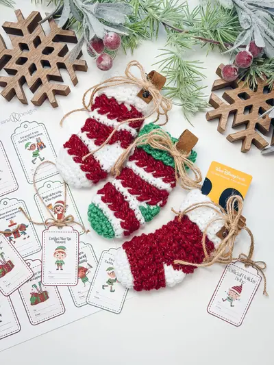 Red and white striped mini Wheat Stitch Advent Stockings with printable tags