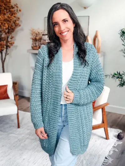 Blue Wheat Stitch Crochet Cardigan worn open over a white top