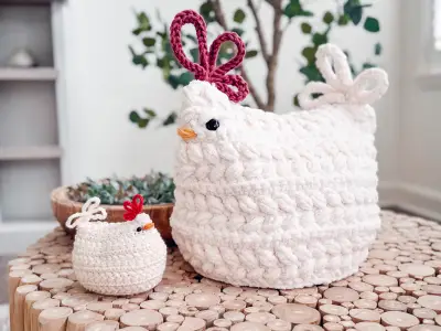 White Wheat Stitch Crochet Chicken with a little chick beside it
