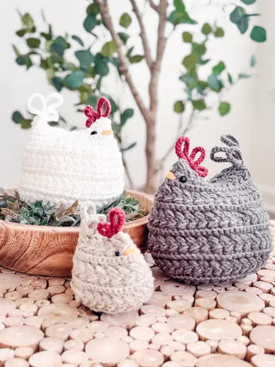 Family of Wheat Stitch Crochet Chickens in white and gray