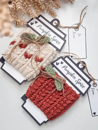 Wheat Stitch Crochet Pumpkin Cozies in cream and rust on Pumpkin Spice cards