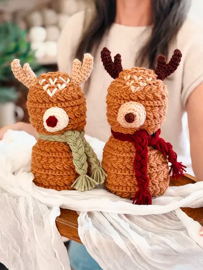 Pair of Wheat Stitch Crochet Reindeer with braided scarves