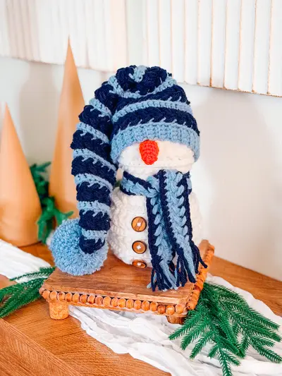 Blue striped hat Wheat Stitch Crochet Snowman with paper trees