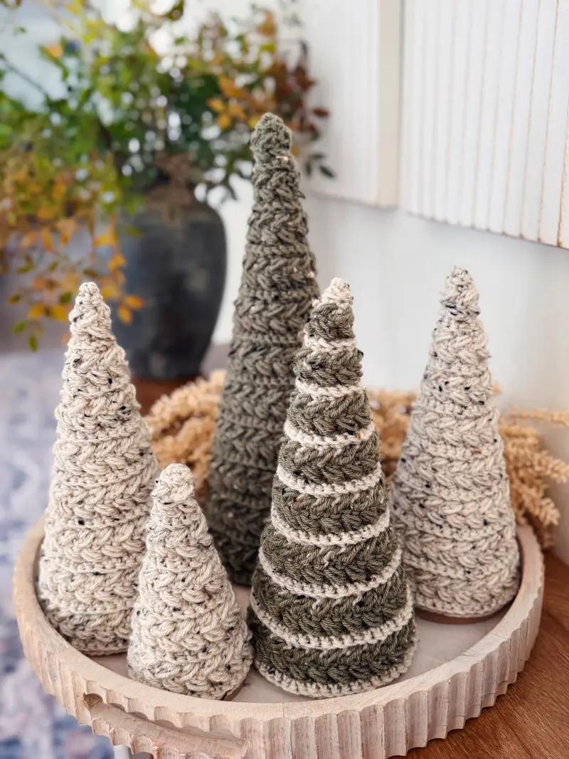Wheat Stitch Crochet Trees in oatmeal, gray and sage on a round tray