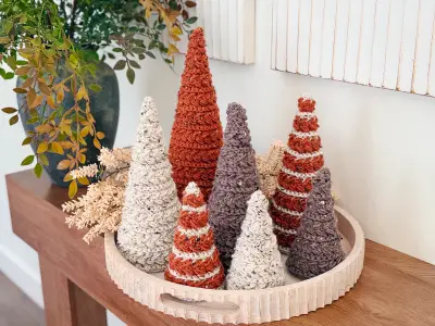 Wheat Stitch Crochet Trees in rust, cream, plum and striped colors