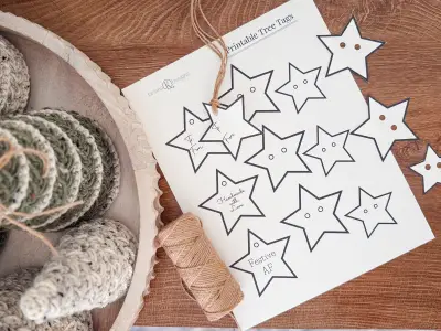 Wheat Stitch Crochet Trees in progress with a printable star tag sheet