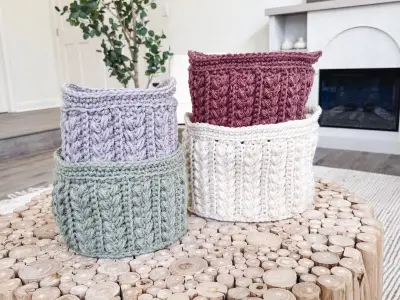 Wheat Stitch Nesting Baskets in lavender, burgundy, sage and cream