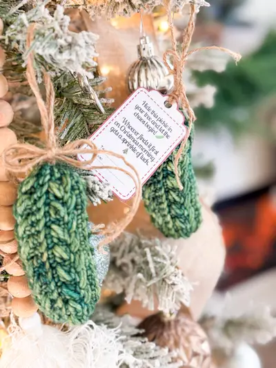 Wheat Stitch Pickle Ornaments with a printed Christmas pickle story tag