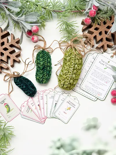 Wheat Stitch Pickle Ornaments in two greens with printable story cards
