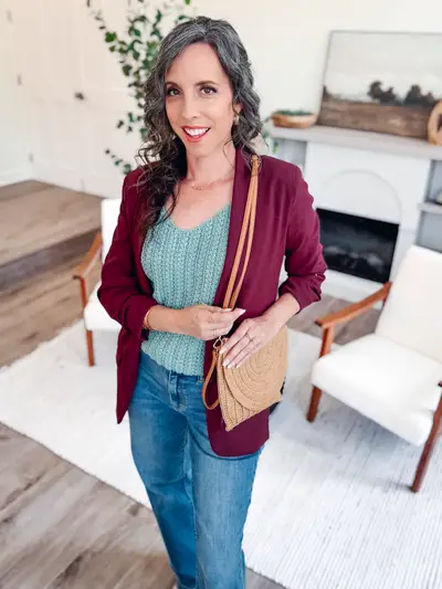 Teal Wheat Stitch Tank Top worn under a burgundy blazer