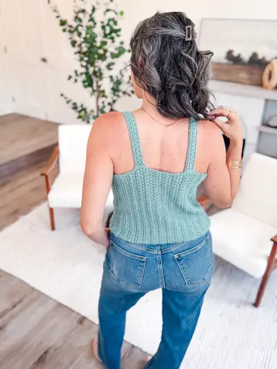 Back view of the teal Wheat Stitch Tank Top with thick straps
