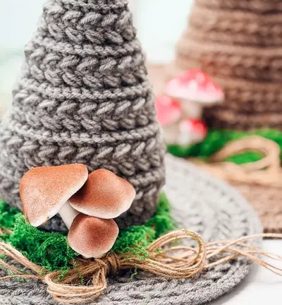 Gray Wheat Stitch Witch Hat with crochet mushrooms and moss