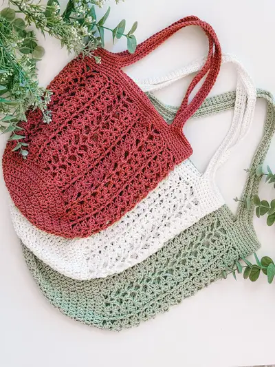 Willow Mesh Market Bags in rust, cream and sage