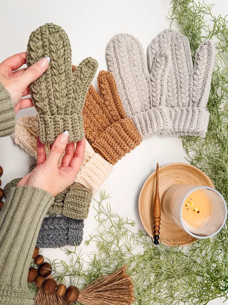 Winter Wheat Flat Crochet Mittens in olive, brown, cream and gray