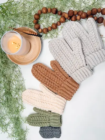 Winter Wheat Flat Crochet Mittens in cream, rust, white and sage with a bead garland