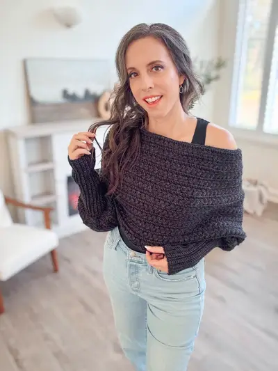Charcoal Winter Wheat Sweater Scarf worn with jeans