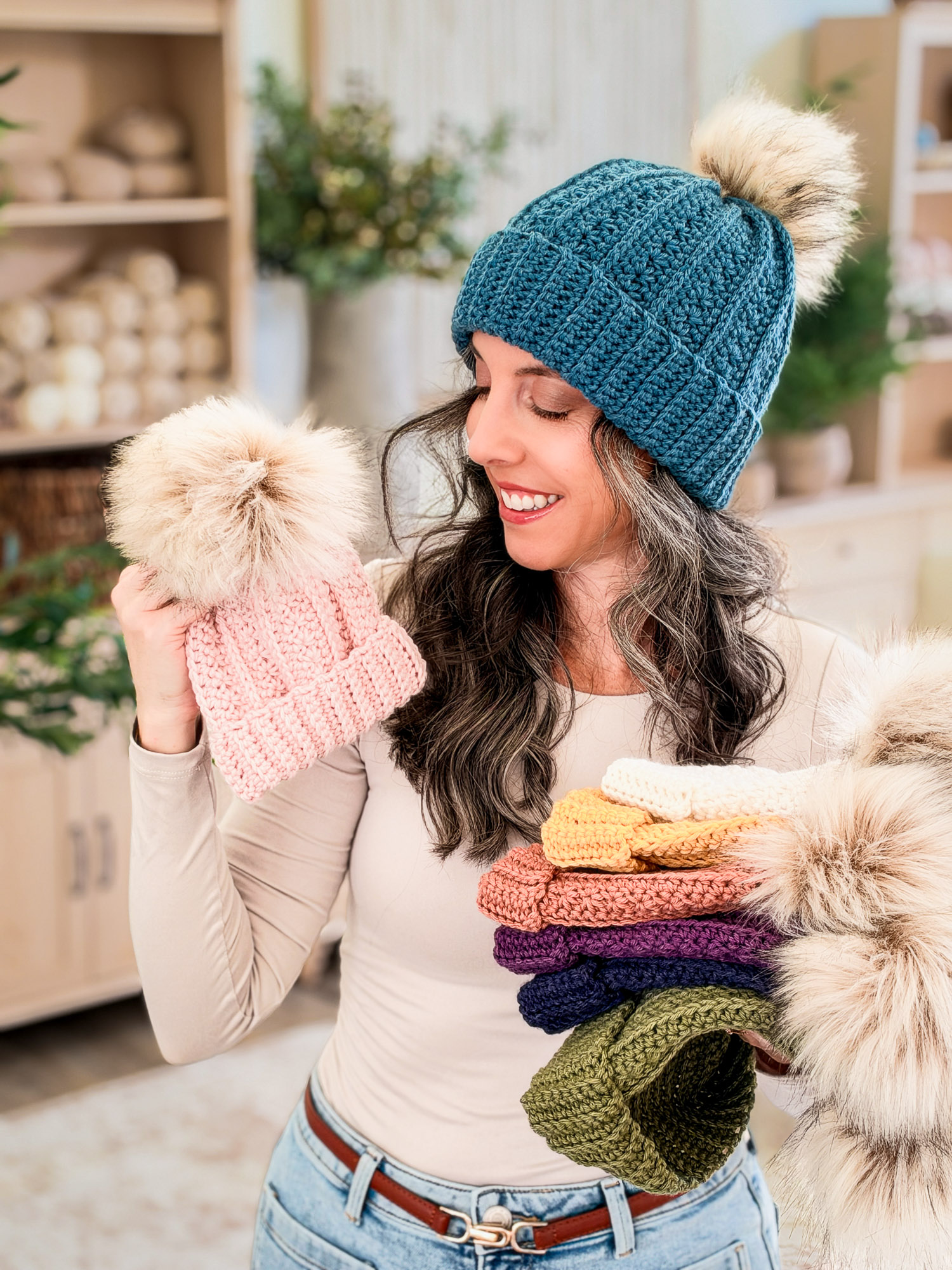 Petal Loop Beanie with a pom pom